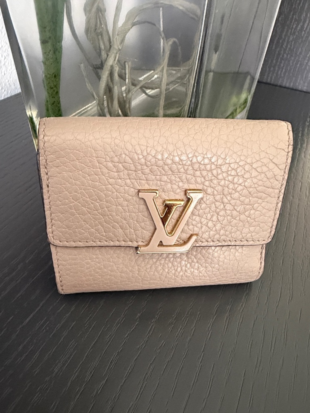 Authentic Louis Vuitton Taupe Pebbled Leather Twist Wallet with Gold LV